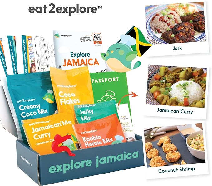 eat2explore Cooking Kits for Kids - Interactive & Educational Set with 3 Recipe Cards, Key Ingredients & Cooking Tools - Ideal Idea for Kids who Love to Create Meals (Jamaica Edition)