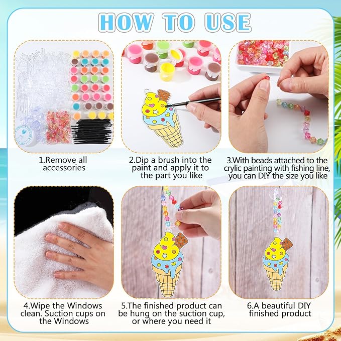 Yaomiao 30 Sets Summer Suncatchers Window Art Drawing Kits DIY Ice Cream Sun Catcher Crafts Bulk Paint Your Own Window Hanging Ornaments for Home Classroom Birthday Party Favors Decor Gifts