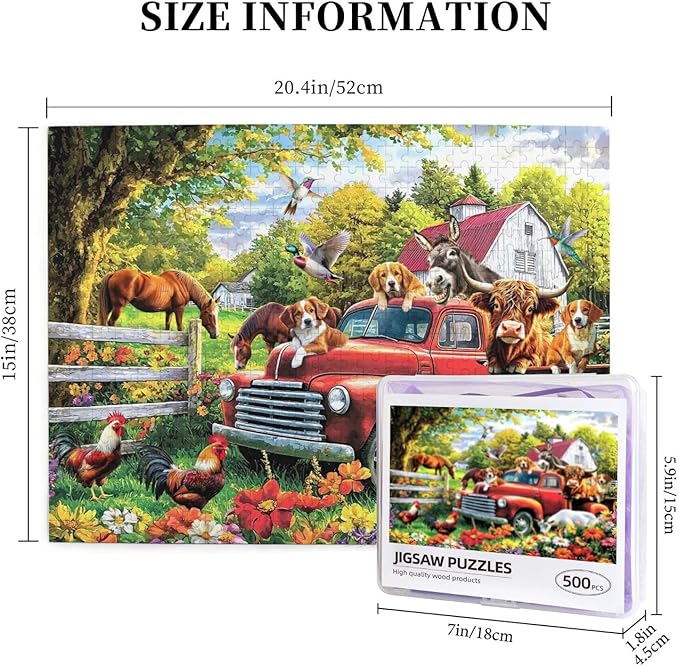 Colorful Spring Farm Puzzle for Adults 500 Pieces Animal Farm Dogs Cows Donkey Horses Puzzle Artwork Friends Family Activity Game Nights Gifts