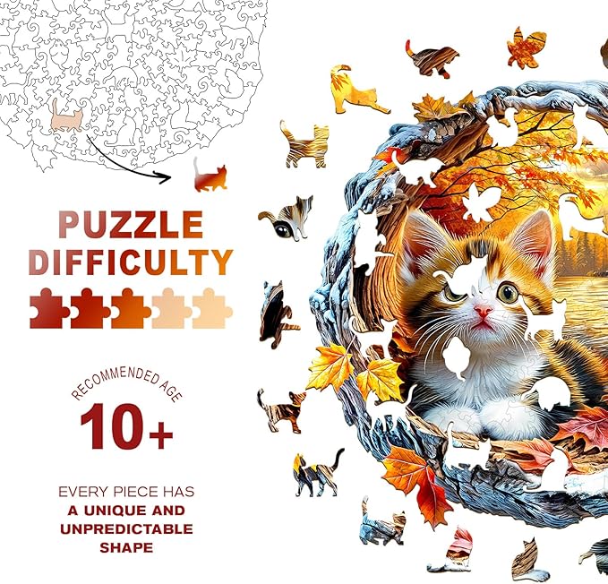 Wooden Puzzles for Adults - Kitten in Autumn Wooden Jigsaw Puzzle, Unique Animal Shaped Wood Puzzles Adult, Christmas Birthday Gifts for Friends/Family, Home Decor 8.5 * 8.4in 100pcs