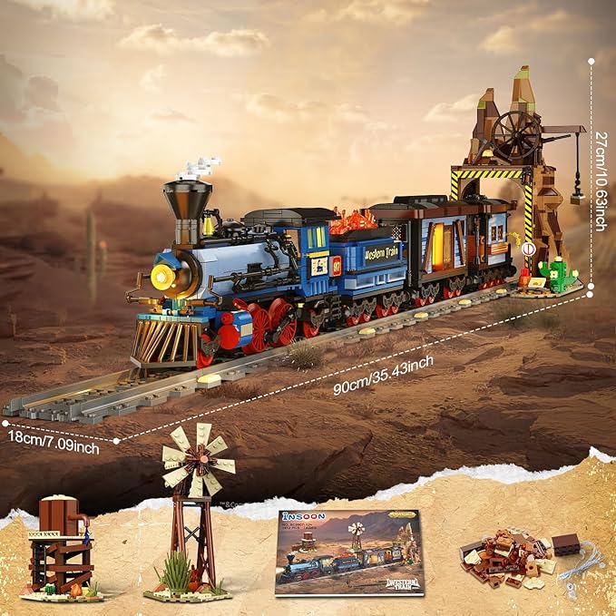 Western Train Building Set with Lights, 1912 PCS West Trains Static Display Model Toy with Tracks Windmill Water Tower, Home Office Decor Building Blocks for Adults Teens Big Boys Girls 12+