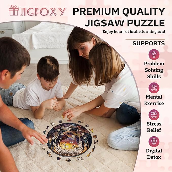 Jigfoxy Wooden Puzzles for Adults, Visual 3D Sunset Forest Wood Puzzles Adult, Unique Animal Shape Wooden Jigsaw Puzzles for Adults, Birthday Gifts for Puzzle Lovers, Family (L-13.4 * 13.4in-300pcs)