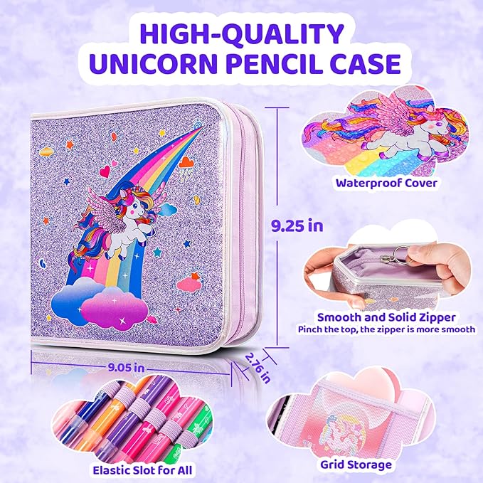 Nicpro 110PCS Unicorn Washable Markers Set with Glitter Pencil Case, Art Supplies for Kids Ages 4-6-8, Arts Crafts Coloring Set with Stickers, Unicorn Birthday Gifts for Girls 4 5 6 7 8 9 Year Old