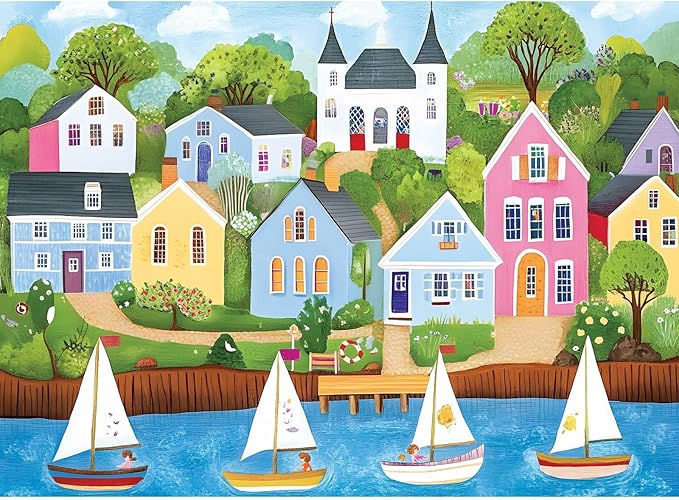 300 Piece Puzzles for Adults, Colorful Coastal Village Puzzles for Adults,Vibrant Sailboats and Cottages 300 Piece Jigsaw Puzzle, Ideal Home Decor Gift for Adults Kids Seniors, 20.5×15 in