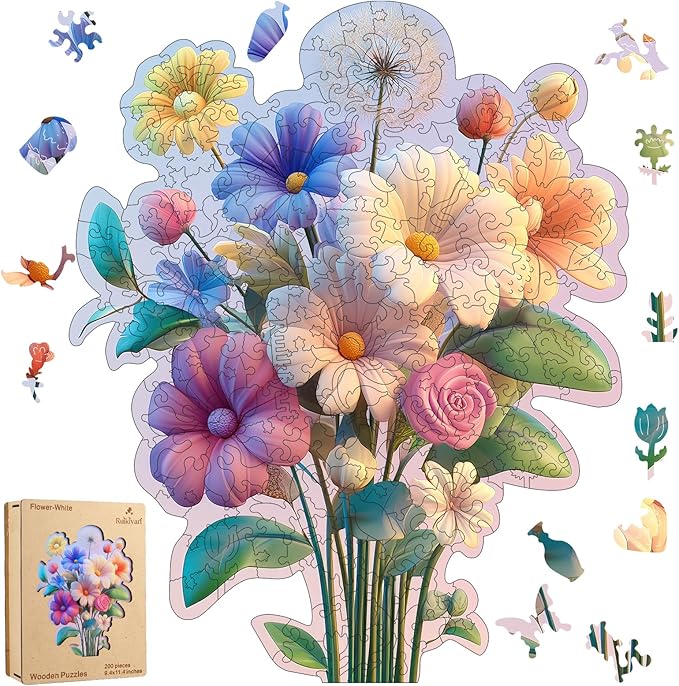 Ruikiyart Wooden Puzzles for Adults, 5MM 200 Pieces Flower Wooden Jigsaw Puzzles, Floral Puzzle Unique Shaped Gifts for Adults and Kids on Thanksgiving, Christmas Family Puzzle Games (9.4"*11.4")
