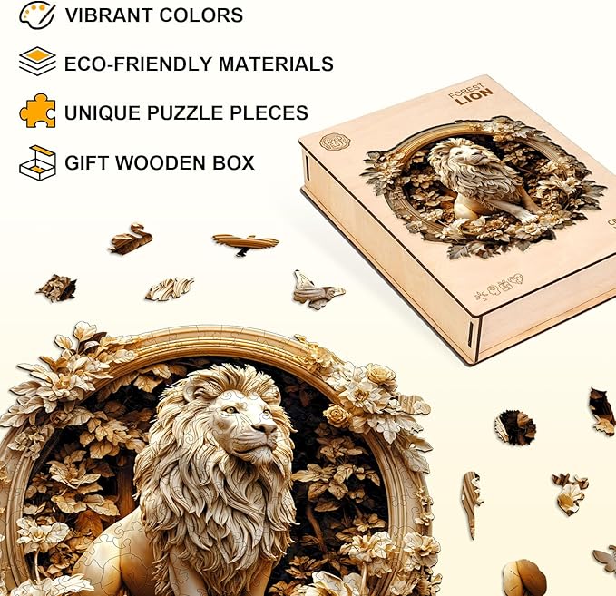 Wooden Puzzles for Adults, Forest Lion Wooden Jigsaw Puzzle 3D Visual Effect Unique Shape Animal Wood Puzzles Adult, Birthday Gifts for Puzzle Lovers Family Games (L-13.4 * 13.4in-275pcs)