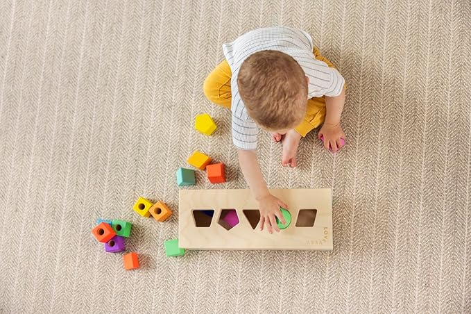LOVEVERY | The Block Set | Solid Wood Building Blocks and Shapes + Wooden Storage Box, 70 Pieces, 18 Colors, 20+ Activities, Toddler Block Set and Converts into a Pull Car, Ages 12 to 48+ months