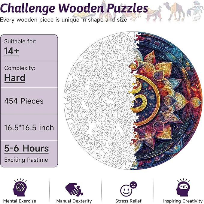 Mandala Wooden Puzzle for Adults, 454 Pieces Colorful Round Wood Jigsaw Puzzles, Scorpio Symbol Art, Unique Wood Animal Shaped Puzzle, Family Game Home Decor