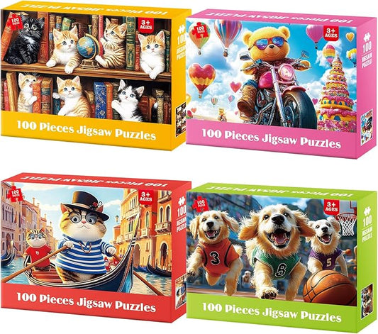 4 x 100 Piece Puzzles for Kids Ages 6-8 8-10 Year Old - Bear Cats & Dogs Large Piece Jigsaw Puzzles for Toddlers 5-8 100 Piece Puzzle for Adults Kids Learning Puzzle Toys Gifts for Girls Boys