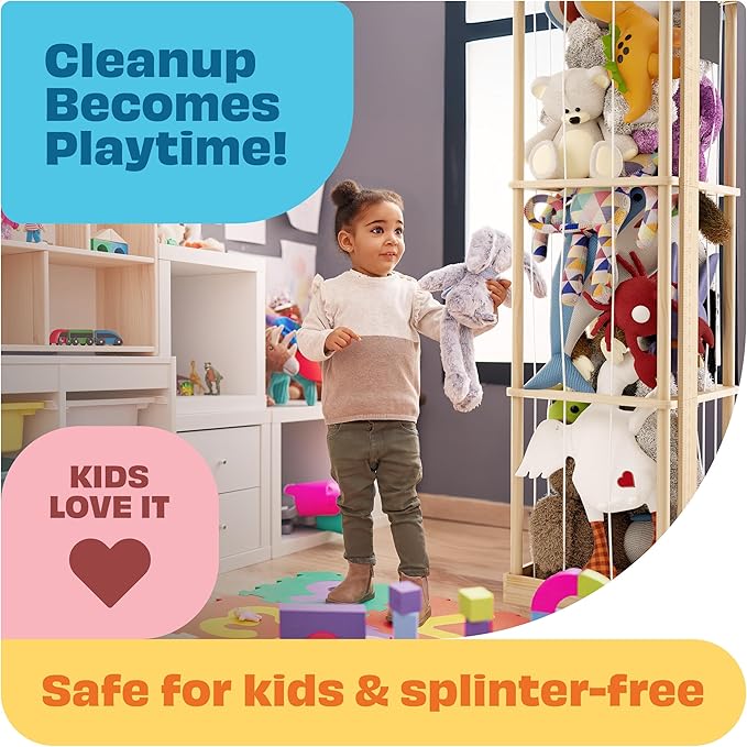 Stuffed Animal Zoo Storage Cage | Wooden Plush Tower Storage | Durable Plush Toy Stuffie Holder | Vertical Jail Organizer with Height Ruler, Stickers & RGB Light (Large)