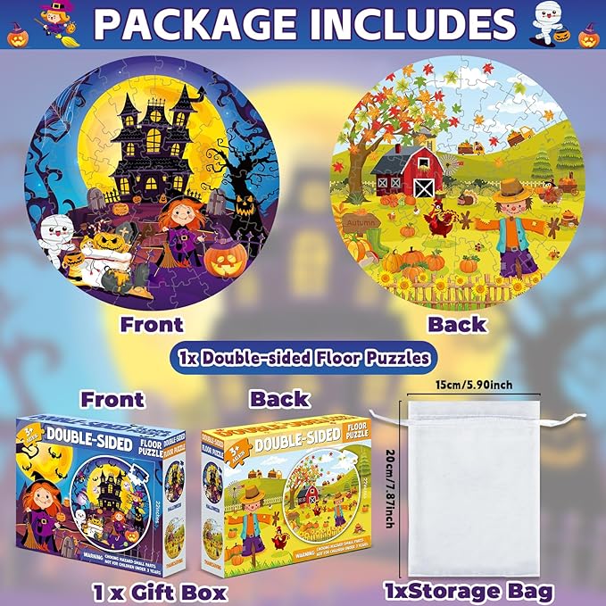 71 PCS Halloween Thanksgiving Double Sided Floor Puzzle for Kids Ages 4-8 Large Jigsaw Puzzles Ages 3-5 Castle Pumpkin Fall Scarecrow Educational Learning Toys