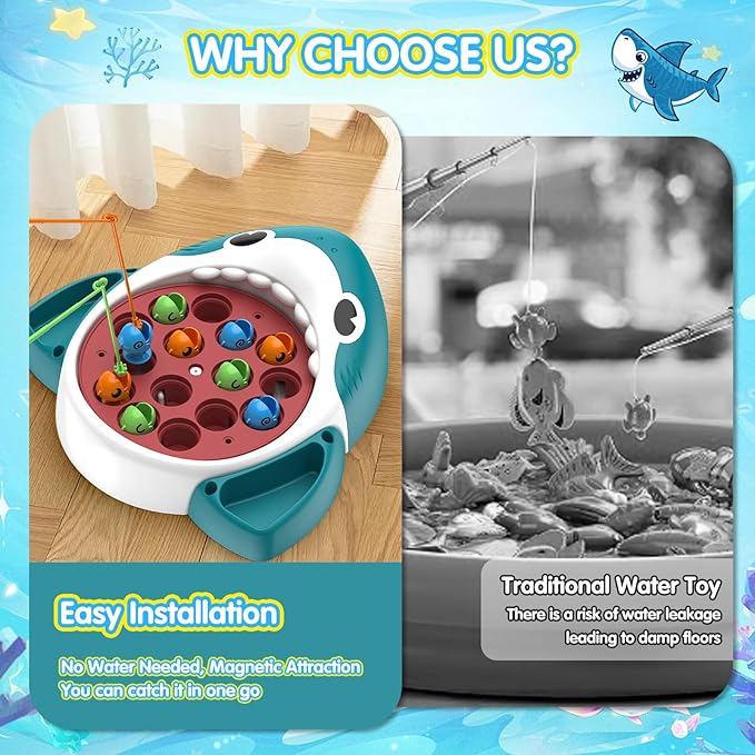 Musical Shark Fishing Game for Kids, 360° Rotating Board, 20 Fish with 3 Rods,Hook Fishing Set for Toddlers，Educational, Fine Motor Skill Activity for Boys and Girls