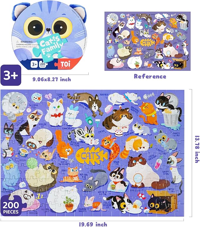 TOI Cats Puzzle for Kids Ages 3-5, 200 Pieces Jigsaw Puzzles for Toddlers with Cat-Shaped Portable Box, Preschool Learning Cat Game for Boys & Girls Gift