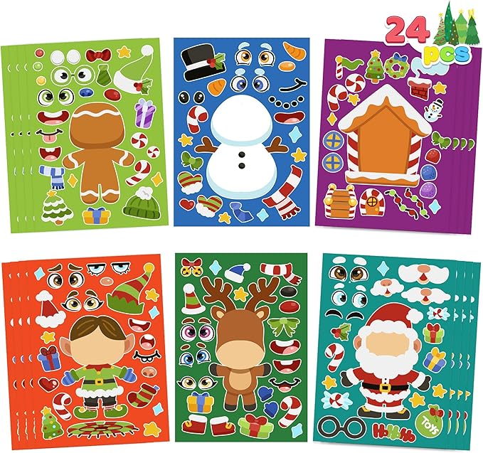 JOYIN 24 Pcs Christmas Make-a-face Stickers, Make Your Own Characters Mix and Match Sticker Sheets with Christmas Elf, Santa, Snowman, Tree, Xmas Party Games for Kids Party Favor Supplies Craft