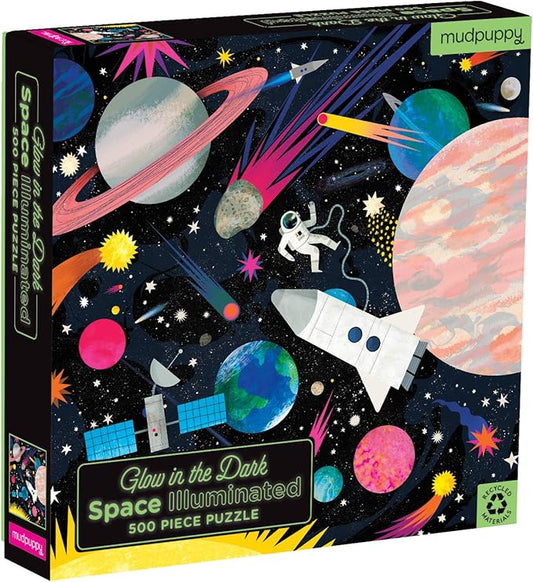 Mudpuppy Space Illuminated 500 Piece Glow in the Dark Jigsaw Puzzle for Kids and Families, Family Puzzle with Glow in the Dark Space Theme