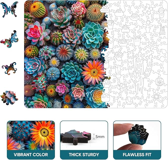 Puzzles for Adults Cactus World Wooden Puzzles, 300 Pieces Unique Shaped Succulent Jigsaw Puzzles, Birthday for Adults and Kids, Fun Family Game 14.9'' x 11.2'' Medium Size