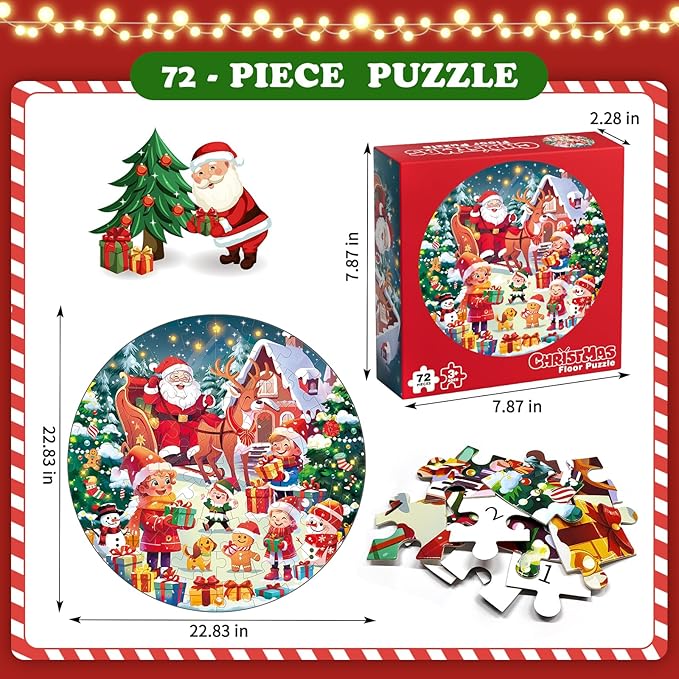 72 Pieces Shimmery Jumbo Christmas Floor Puzzle for Girls 3-5 4-6 Age Floor Puzzles for Boys and Girls Large Round Floor Jigsaw Puzzles (Christmas)