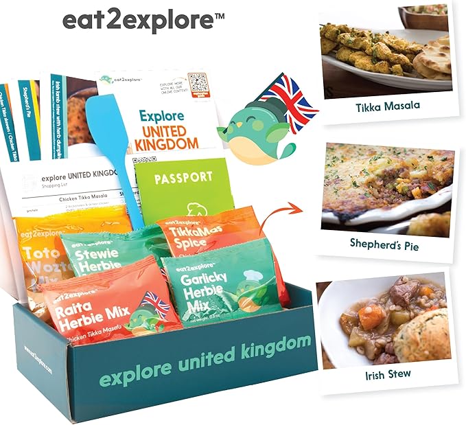 eat2explore Cooking Kits for Kids - Interactive & Educational Set with 3 Recipe Cards, Key Ingredients & Cooking Tools - Ideal Idea for Kids who Love to Create Meals (UK Edition)