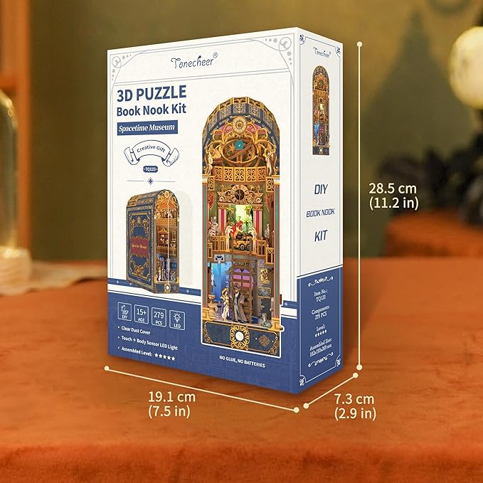 Tonecheer DIY Book Nook Kit for Adults, 3D Wooden Puzzle Bookend Miniature House Kit, Booknook Bookshelf Insert Decor with Dust Cover and LED Lights Gifts (Spacetime Museum)