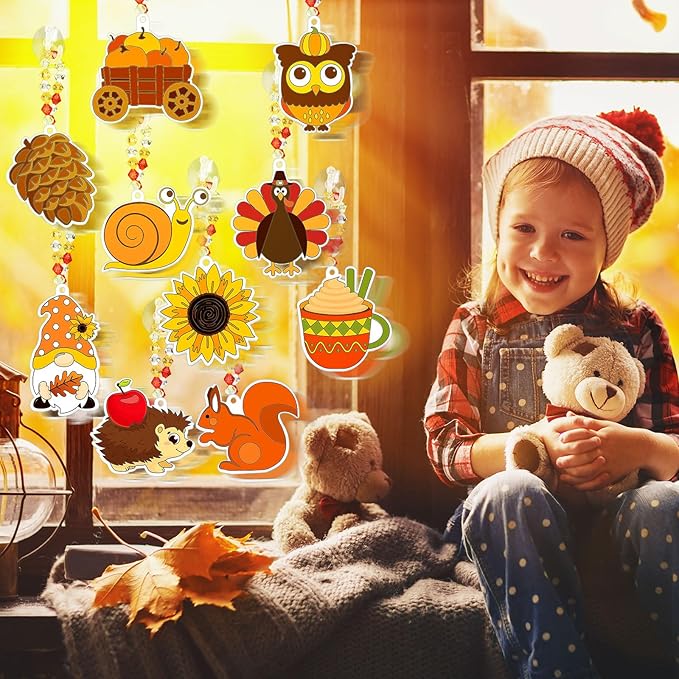 Yaomiao 30 Sets Fall Thanksgiving Suncatchers Art Kits DIY Turkey Squirrel Drawing Crafts Bulk Paint Your Own Window Ornaments for Boys Girls Home Class Birthday Autumn Party Favors Gifts