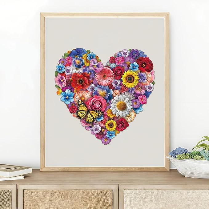 Heart Wooden Puzzles Adults, 200 Piece Flower Puzzles for Adults Vibrant Art Puzzle Unique Shaped Wood Jigsaw Puzzle Gift Fun Challenge Family Game Home Decor