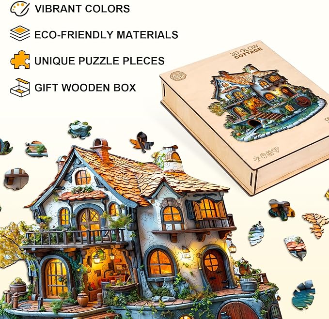 Wooden Puzzles for Adults, Wooden Jigsaw Puzzles for Adults Kids, 3D Glow Cottage Unique Shaped Wood Puzzles Adult, Creative Gifts for Friends Family Game, Home Decor(11.4 * 11.3in 185pcs)