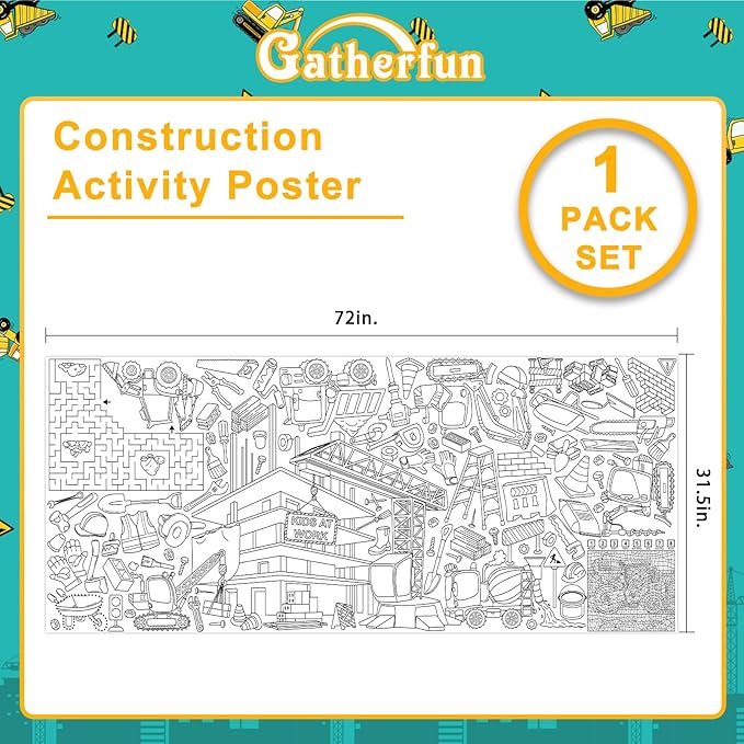 Gatherfun Construction Party Giant Coloring Poster - 31.5x 72 Inches - Versatile Classroom Wall Décor & Birthday Activity - Construction Poster or Table Cover for School Parties and Special Events