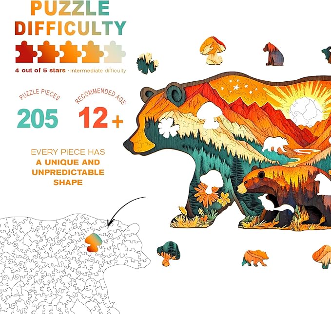 Wooden Puzzles for Adults - Forest Bears Wooden Jigsaw Puzzle - Unique Animal Shaped Wood Puzzles Adult - Christmas Birthday Gifts for Adults/Friends/Family - 205pcs 15.4 * 8.2in
