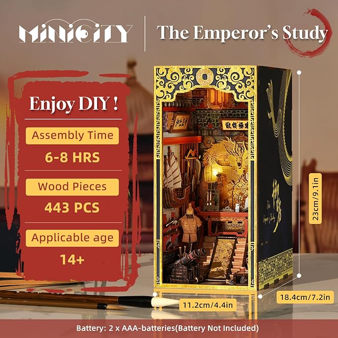 DIY Book Nook Kit for Adults, 3D Wooden Puzzle Bookend Bookshelf Insert Decor with LED Light and Dust Cover (The Emperor's Study)