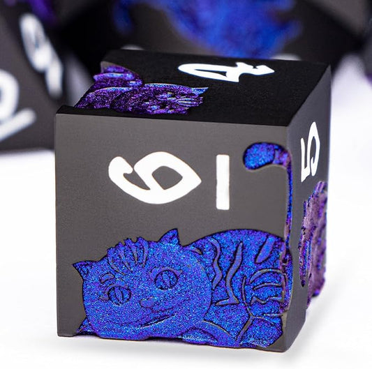Metal DND Cat Dice 7PCS Polyhedral RPG Dice Set with Gift Case for Dungeons Dragons Role Playing Game, D and D Dice D6 D8 D10 D12 D20 D% (Blue Purple)