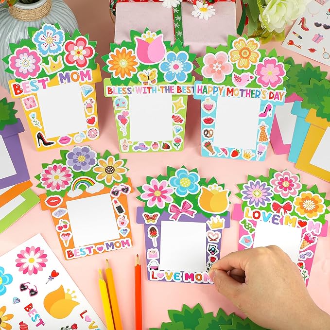 24 PCS Mother's Day Picture Frame Ornaments Paper DIY Photo Frame Craft Set Hanging Decorations For Mother Gifts(Flowerpot)