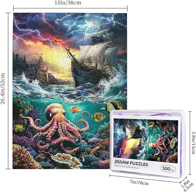 Premium 500 Piece Jigsaw Puzzle for Adults Marine Pirate Shipoctopus Puzzle Octopus Ocean Sea World Octopus Pirate Ship Treasure Large Best New Marine Artwork Puzzle Game Gift