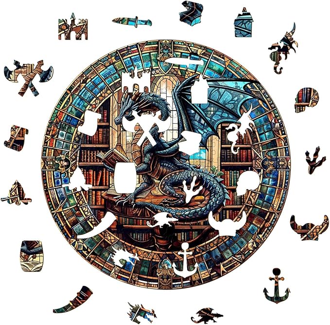 KAAYEE Wooden Puzzles for Adults-Dragon Library Wooden Jigsaw Puzzle Unique Shape Wooden Puzzle Wood Puzzle for Adults,Family Puzzles for Aduls (M-11.4 * 11.4in-200pcs)