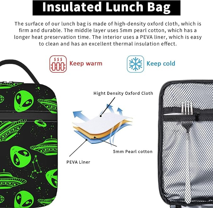 Green Ufo Alien Star Reusable Lunch Box Food Bag Insulated Lunch Bag for Teenage Boys Girls School Beach