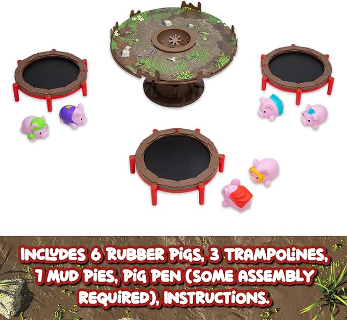 PlayMonster Pigs on Trampolines Board Games – Multi-Player, Preschool Toys, Hand-Eye-Coordination Game, The Muddiest Pig Wins, Ages 6+