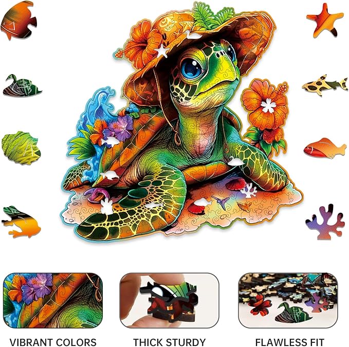 Wooden Jigsaw Puzzles,Vacation Sea Turtle Wooden Puzzles 300 Piece,Perfect for Family Game,Unique Shape Puzzles for Adults 14.9 x 14.9 Inch