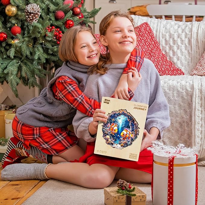 Wooden Puzzles for Adults - Clownfish Journey Wooden Jigsaw Puzzle, Unique Animal Shaped Wood Puzzles Adult, Christmas Birthday Gifts for Friends/Family, Home Decor 11.4 * 11.2in 195pcs