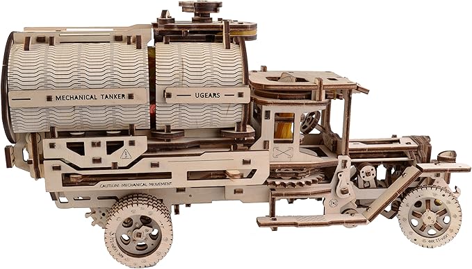 Ugears Tanker Mechanical Model Kit - DIY 3D Wooden Puzzles for Adults Truck with Working Engine - Moving 3D Puzzle Building Kits with Can Holder - Adult Puzzle Gift for Fathers Day - 594 Pcs
