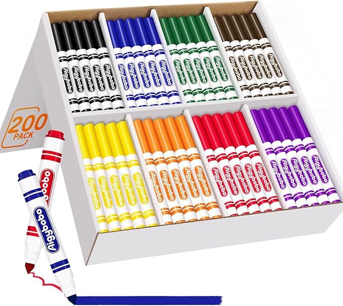 Aigybobo 200 Count Washable Markers - 8 Assorted Colors, Broad Line Markers for School, Classroom Essentials for Teachers