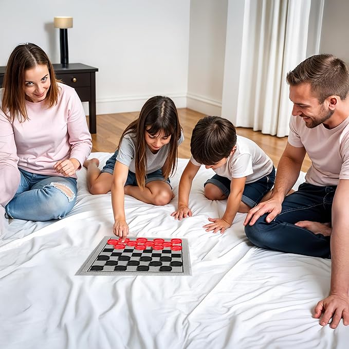 Bolaball 3-in-1 Checkers, Tic Tac Toe Jumbo Game, Reversible Carpet, Indoor Outdoor Yard Board Game for Family and Friends with 24 Chips (Large Checker)