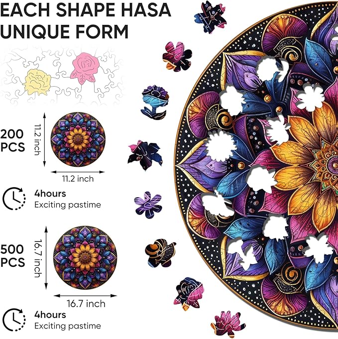 Wooden Puzzles for Adults, Mandala Jigsaw Puzzles 200 Piece, Unique Shapes Family Reunion Puzzle, Exquisite Packaging, Best Gift for Adults and Kids, Family Game, 11.2x11.2 in