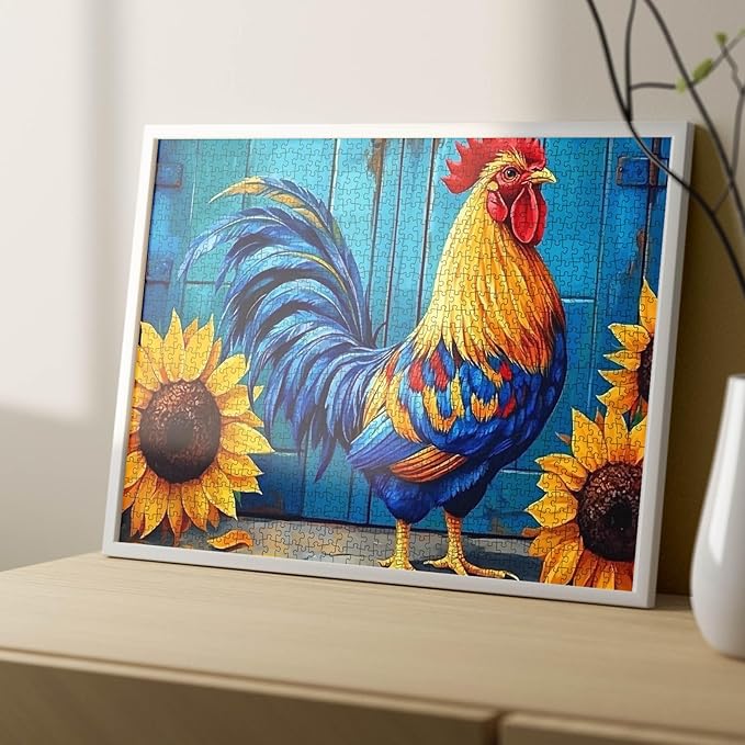 1000 Piece Jigsaw Puzzles for Adults, Blue Rooster with Sunflowers Jigsaw Puzzles，Cool Colorful Feather Rooster Puzzle，Challenging Family Activity Perfect for Game Nights，Puzzle as Wall Art Decor