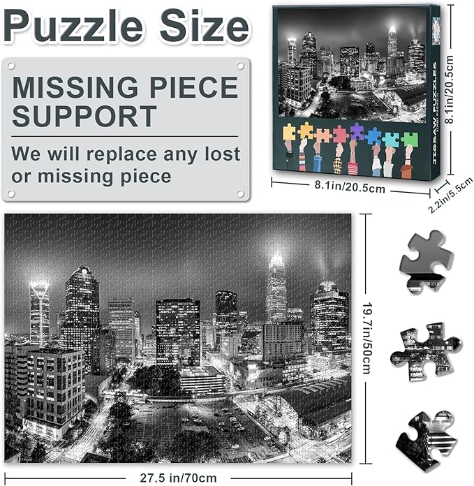 Puzzles for Adults 1000 Pieces Charlotte Skyline, Jigsaw Puzzles 1000 Pieces Carolina Cityscape, Challenging Puzzle Games for Women Home Decoration Gift Size 19.7x27.5 inches