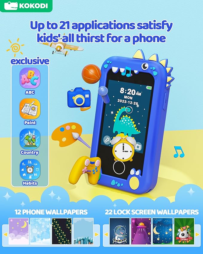 KOKODI Kids Smart Phone Toys, Touchscreen HD Dual Camera Cell Phone for Kids, Birthday Gifts Dinosaur Toddler Play Phone for Boys 3-10, Travel Learning Toy for Kids with 8GB SD Card(Navy Blue)