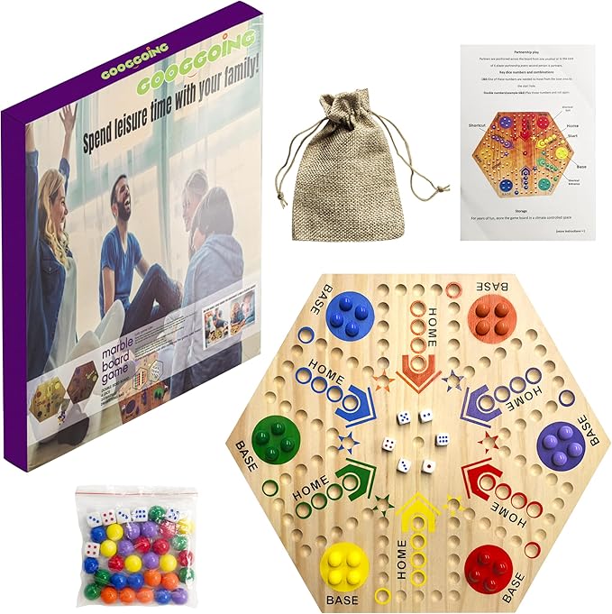 Wooden Board Game, Original Marble Game Double Sided Painted 2 to 6 Player Fast Track Board Game Wooden with 6 Colors 24 Marbles 6 Dice for Adults Kids Family(15 INCH)