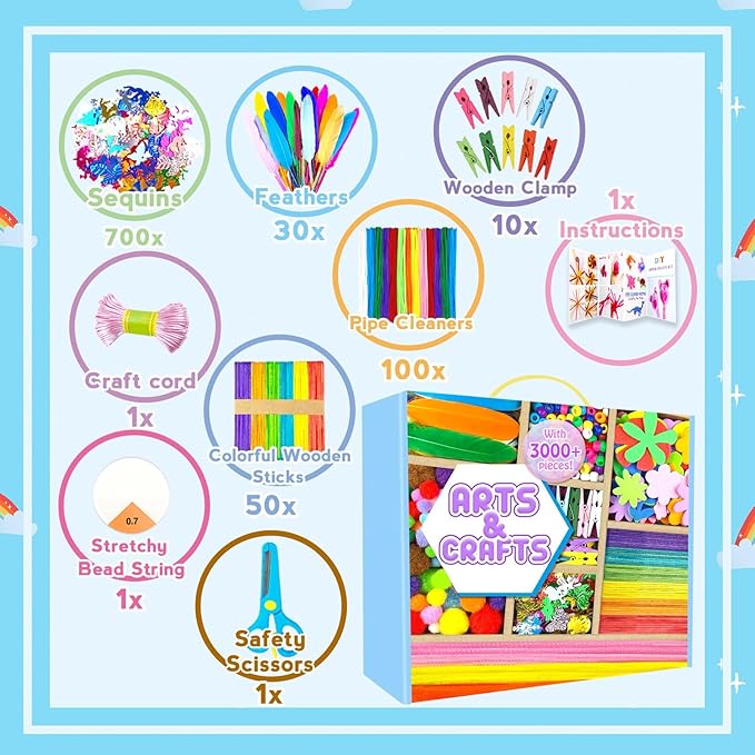 Arts and Crafts Supplies for Kids - 3000Pcs Craft Kit with Pipe Cleaners Crafts for Kids All in Art Crafting Box DIY School Supplies Materials Set Toys Gifts for Girls Boys Age 4 5 6 7 8 9 10 11 & 12