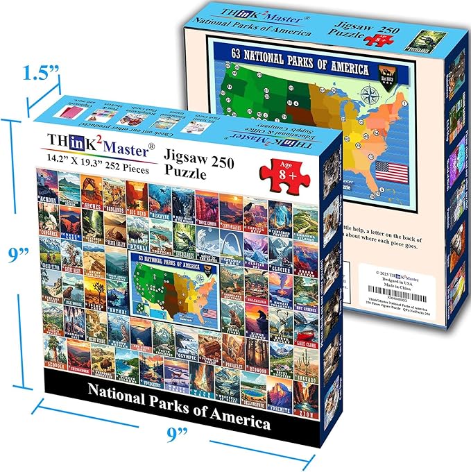 Think2Master Colorful Vintage USA National Park 250 Pieces Jigsaw Puzzle. Fun Educational Toy for Kids, School & Families. Great Gift for Ages 8+ Great Gift for Interested in Traveling. 14.2” X 19.3”