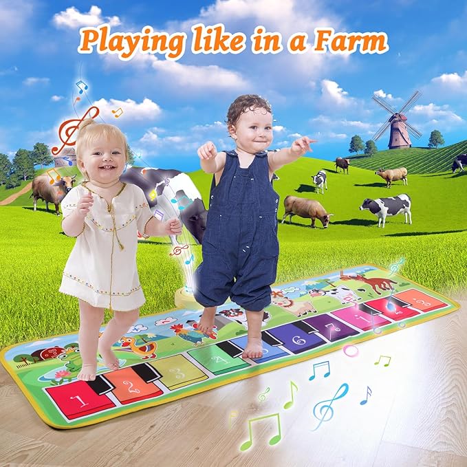 Floor Piano Mat for Toddlers,Baby Kids Sensory Educational Music Dancing Carpet,Animal Sounds Blanket,Farm Touch Musical Playmat,Christmas Birthday Learning Toys for 1 2 3 4 5 Years Old Boy Girl Gifts