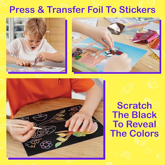 Craftikit ® Rainbow Adventure Foil Art & Scratch Art for Kids- 2-in-1 Arts and Crafts Kit for Kids Ages 4-10 - Rainbow Crafts for Boys Ages 4, 5, 6, 7, 8, 9, 10