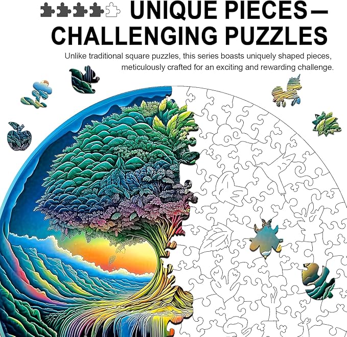 Wood Puzzles Adult, Rainbow Tree of Life Puzzle, Unique Wooden Puzzle for Adults and Kids, Family Game, Animal Shaped Jigsaw Puzzles, 200 Piece 11.2"×11.2"